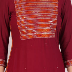 Maroon Rayon Embroidered Round Neck 3/4 Sleeves Calf Length Straight Kurta