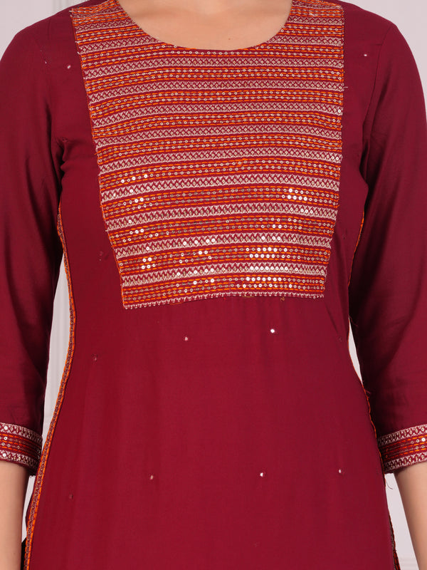 Maroon Rayon Embroidered Round Neck 3/4 Sleeves Calf Length Straight Kurta