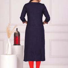 Navy Blue Rayon Embroidered Round Neck 3/4 Sleeves Calf Length Straight Kurta