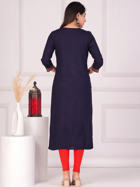 Navy Blue Rayon Embroidered Round Neck 3/4 Sleeves Calf Length Straight Kurta