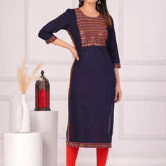 Navy Blue Rayon Embroidered Round Neck 3/4 Sleeves Calf Length Straight Kurta