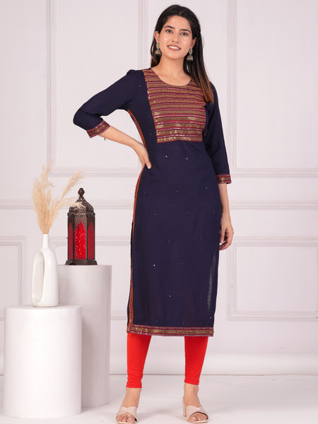 Navy Blue Rayon Embroidered Round Neck 3/4 Sleeves Calf Length Straight Kurta