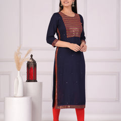 Navy Blue Rayon Embroidered Round Neck 3/4 Sleeves Calf Length Straight Kurta