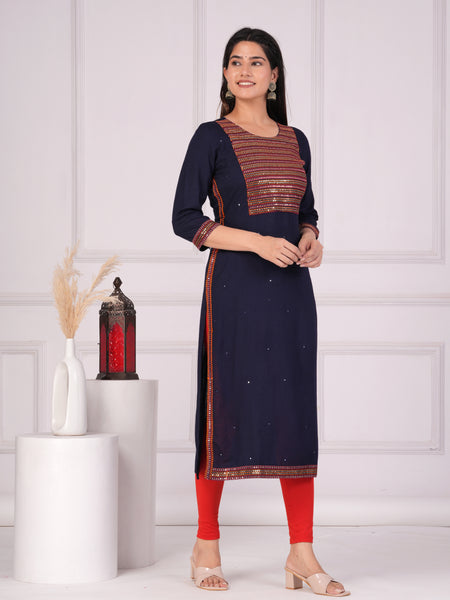 Navy Blue Rayon Embroidered Round Neck 3/4 Sleeves Calf Length Straight Kurta