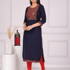 Navy Blue Rayon Embroidered Round Neck 3/4 Sleeves Calf Length Straight Kurta