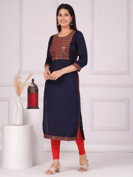 Navy Blue Rayon Embroidered Round Neck 3/4 Sleeves Calf Length Straight Kurta