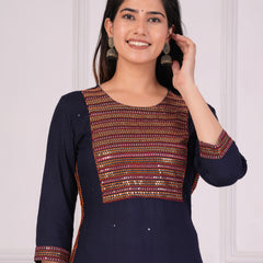 Navy Blue Rayon Embroidered Round Neck 3/4 Sleeves Calf Length Straight Kurta