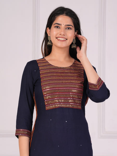 Navy Blue Rayon Embroidered Round Neck 3/4 Sleeves Calf Length Straight Kurta