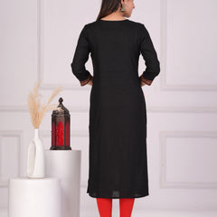 Black Rayon Embroidered Round Neck 3/4 Sleeves Calf Length Straight Kurta