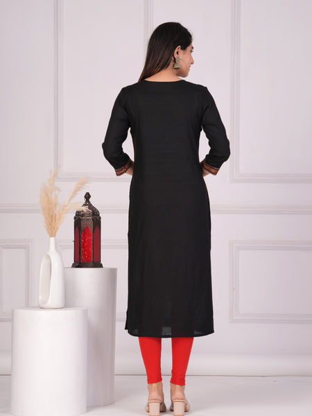 Black Rayon Embroidered Round Neck 3/4 Sleeves Calf Length Straight Kurta