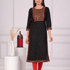 Black Rayon Embroidered Round Neck 3/4 Sleeves Calf Length Straight Kurta