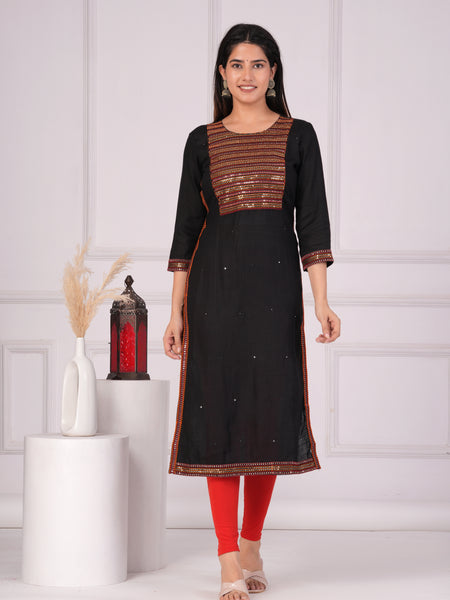 Black Rayon Embroidered Round Neck 3/4 Sleeves Calf Length Straight Kurta