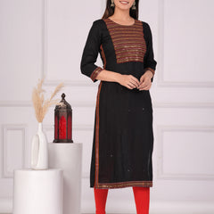 Black Rayon Embroidered Round Neck 3/4 Sleeves Calf Length Straight Kurta