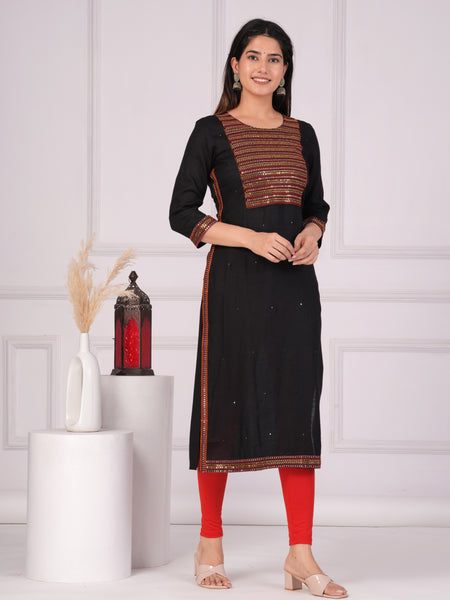 Black Rayon Embroidered Round Neck 3/4 Sleeves Calf Length Straight Kurta