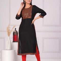 Black Rayon Embroidered Round Neck 3/4 Sleeves Calf Length Straight Kurta