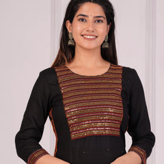 Black Rayon Embroidered Round Neck 3/4 Sleeves Calf Length Straight Kurta
