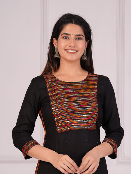 Black Rayon Embroidered Round Neck 3/4 Sleeves Calf Length Straight Kurta