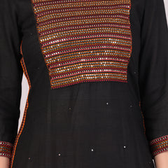 Black Rayon Embroidered Round Neck 3/4 Sleeves Calf Length Straight Kurta