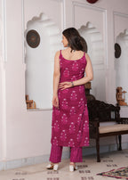 Darkpink Pure Cotton Printed Shoulder Strap Calf Length Straight Kurta, Pant Set Mizaz Jaipur