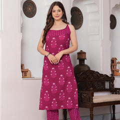 Darkpink Pure Cotton Printed Shoulder Strap Calf Length Straight Kurta, Pant Set Mizaz Jaipur