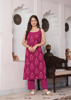 Darkpink Pure Cotton Printed Shoulder Strap Calf Length Straight Kurta, Pant Set Mizaz Jaipur
