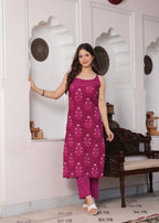 Darkpink Pure Cotton Printed Shoulder Strap Calf Length Straight Kurta, Pant Set Mizaz Jaipur