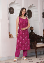 Darkpink Pure Cotton Printed Shoulder Strap Calf Length Straight Kurta, Pant Set Mizaz Jaipur
