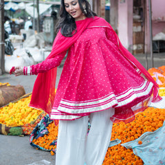 (Pre-order) Pink Pure Cotton Printed Round Neck Full Sleeves Hip Length Flared Kurta Farshi Salwar And Dupatta Set