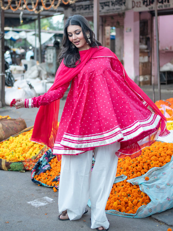 (Pre-order) Pink Pure Cotton Printed Round Neck Full Sleeves Hip Length Flared Kurta Farshi Salwar And Dupatta Set