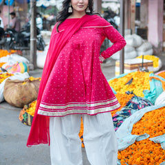(Pre-order) Pink Pure Cotton Printed Round Neck Full Sleeves Hip Length Flared Kurta Farshi Salwar And Dupatta Set