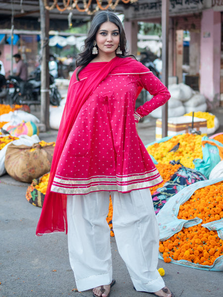 (Pre-order) Pink Pure Cotton Printed Round Neck Full Sleeves Hip Length Flared Kurta Farshi Salwar And Dupatta Set
