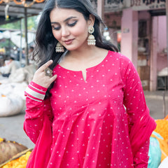(Pre-order) Pink Pure Cotton Printed Round Neck Full Sleeves Hip Length Flared Kurta Farshi Salwar And Dupatta Set