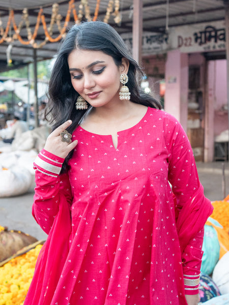 (Pre-order) Pink Pure Cotton Printed Round Neck Full Sleeves Hip Length Flared Kurta Farshi Salwar And Dupatta Set