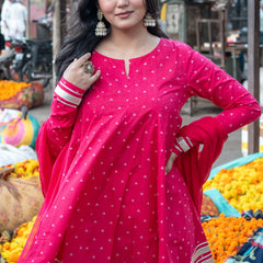(Pre-order) Pink Pure Cotton Printed Round Neck Full Sleeves Hip Length Flared Kurta Farshi Salwar And Dupatta Set