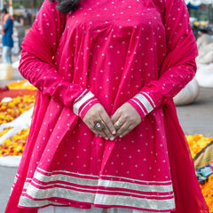 (Pre-order) Pink Pure Cotton Printed Round Neck Full Sleeves Hip Length Flared Kurta Farshi Salwar And Dupatta Set
