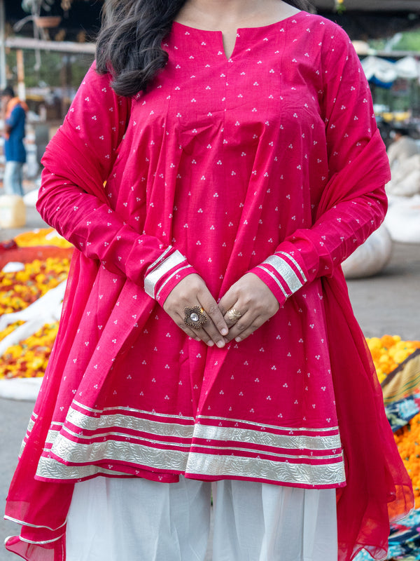 (Pre-order) Pink Pure Cotton Printed Round Neck Full Sleeves Hip Length Flared Kurta Farshi Salwar And Dupatta Set
