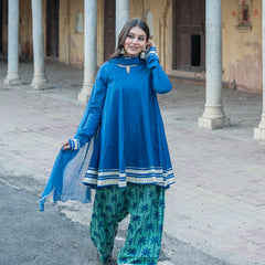 (Pre-order) Blue Berry Pure Cotton Solid Round Neck Full Sleeves Hip Length Flared Kurta Farshi Salwar And Dupatta Set