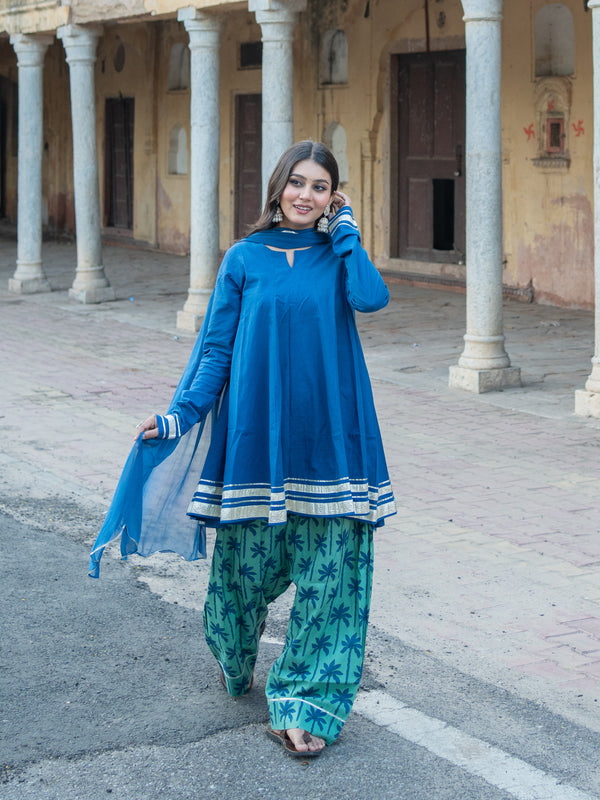 (Pre-order) Blue Berry Pure Cotton Solid Round Neck Full Sleeves Hip Length Flared Kurta Farshi Salwar And Dupatta Set
