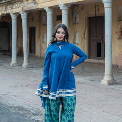 (Pre-order) Blue Berry Pure Cotton Solid Round Neck Full Sleeves Hip Length Flared Kurta Farshi Salwar And Dupatta Set