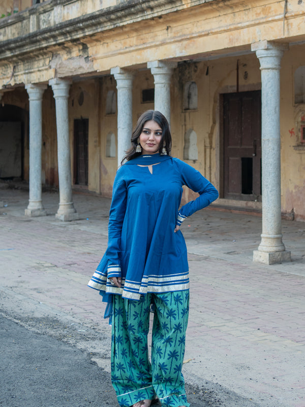 (Pre-order) Blue Berry Pure Cotton Solid Round Neck Full Sleeves Hip Length Flared Kurta Farshi Salwar And Dupatta Set