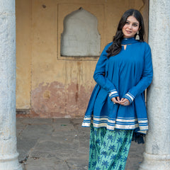 (Pre-order) Blue Berry Pure Cotton Solid Round Neck Full Sleeves Hip Length Flared Kurta Farshi Salwar And Dupatta Set