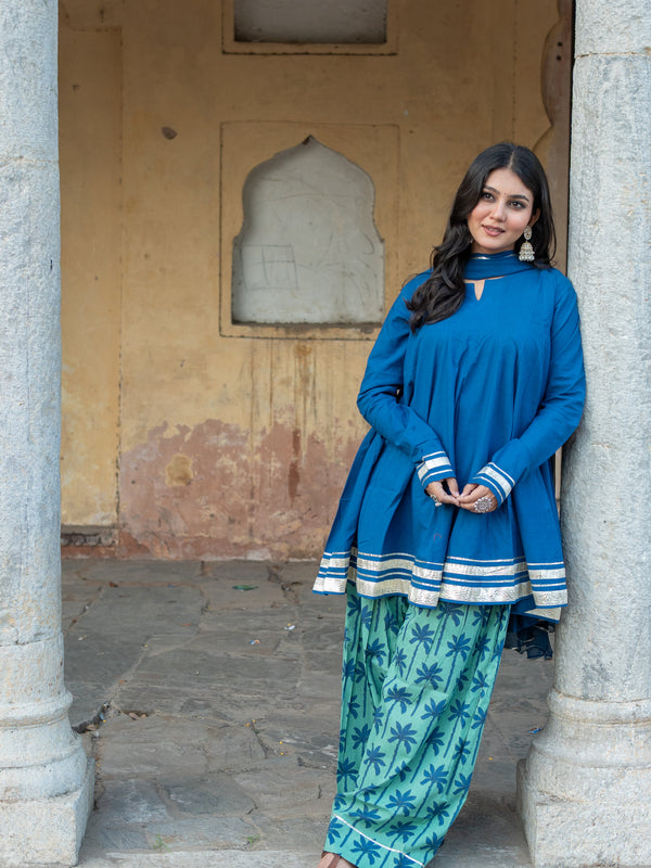 (Pre-order) Blue Berry Pure Cotton Solid Round Neck Full Sleeves Hip Length Flared Kurta Farshi Salwar And Dupatta Set