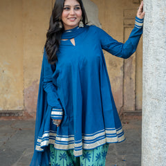(Pre-order) Blue Berry Pure Cotton Solid Round Neck Full Sleeves Hip Length Flared Kurta Farshi Salwar And Dupatta Set