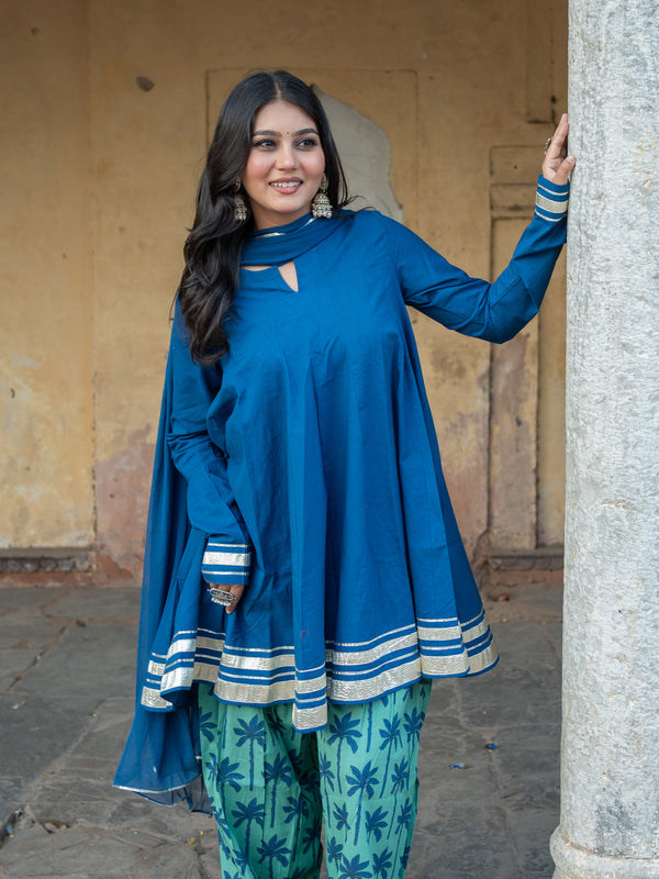 (Pre-order) Blue Berry Pure Cotton Solid Round Neck Full Sleeves Hip Length Flared Kurta Farshi Salwar And Dupatta Set