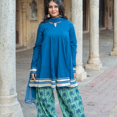 (Pre-order) Blue Berry Pure Cotton Solid Round Neck Full Sleeves Hip Length Flared Kurta Farshi Salwar And Dupatta Set