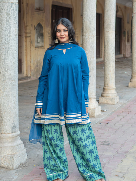 (Pre-order) Blue Berry Pure Cotton Solid Round Neck Full Sleeves Hip Length Flared Kurta Farshi Salwar And Dupatta Set