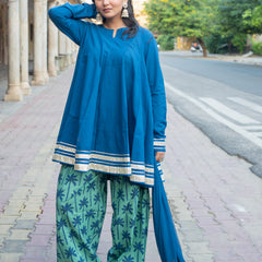 (Pre-order) Blue Berry Pure Cotton Solid Round Neck Full Sleeves Hip Length Flared Kurta Farshi Salwar And Dupatta Set