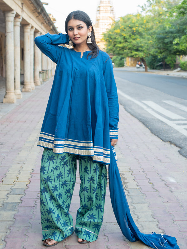 (Pre-order) Blue Berry Pure Cotton Solid Round Neck Full Sleeves Hip Length Flared Kurta Farshi Salwar And Dupatta Set