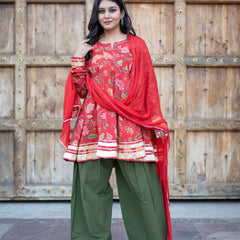 (Pre-order) Red Pure Cotton Printed Round Neck Full Sleeves Hip Length Flared Kurta Farshi Salwar And Dupatta Set