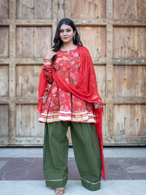 (Pre-order) Red Pure Cotton Printed Round Neck Full Sleeves Hip Length Flared Kurta Farshi Salwar And Dupatta Set